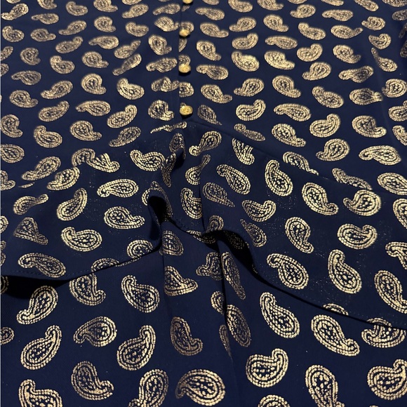 Michael Kors V Neck Navy and Gold Paisley Blouse - Picture 2 of 8